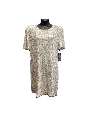 LandMark Womens Pure Silk Dress Sz 3X White Beaded Sequin Lined Short Sleeve